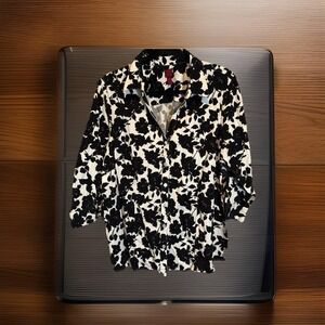 212 Collection Women's Plus Black White Floral Button Front Blouse 3/4 Sleeve
